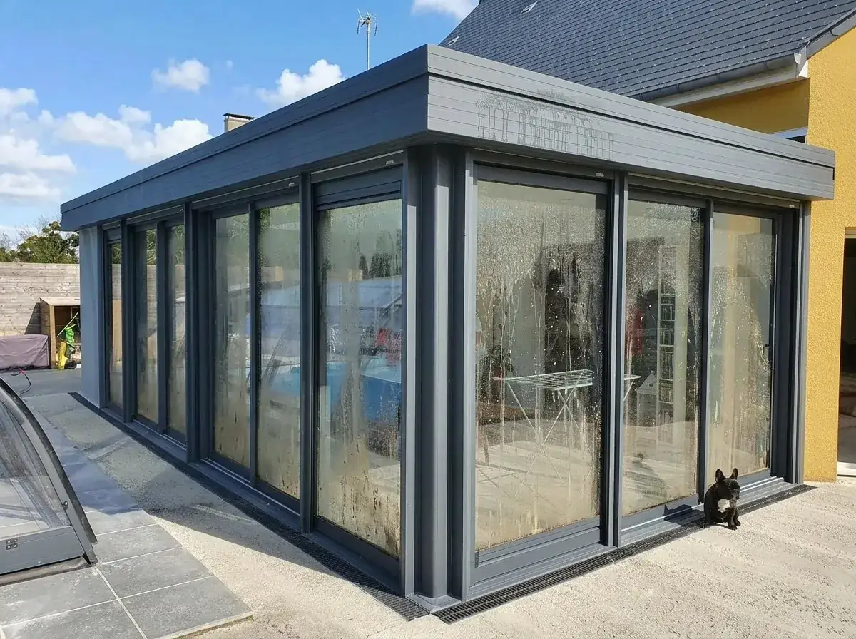 Véranda avant nettoyage – vitres sales et traces